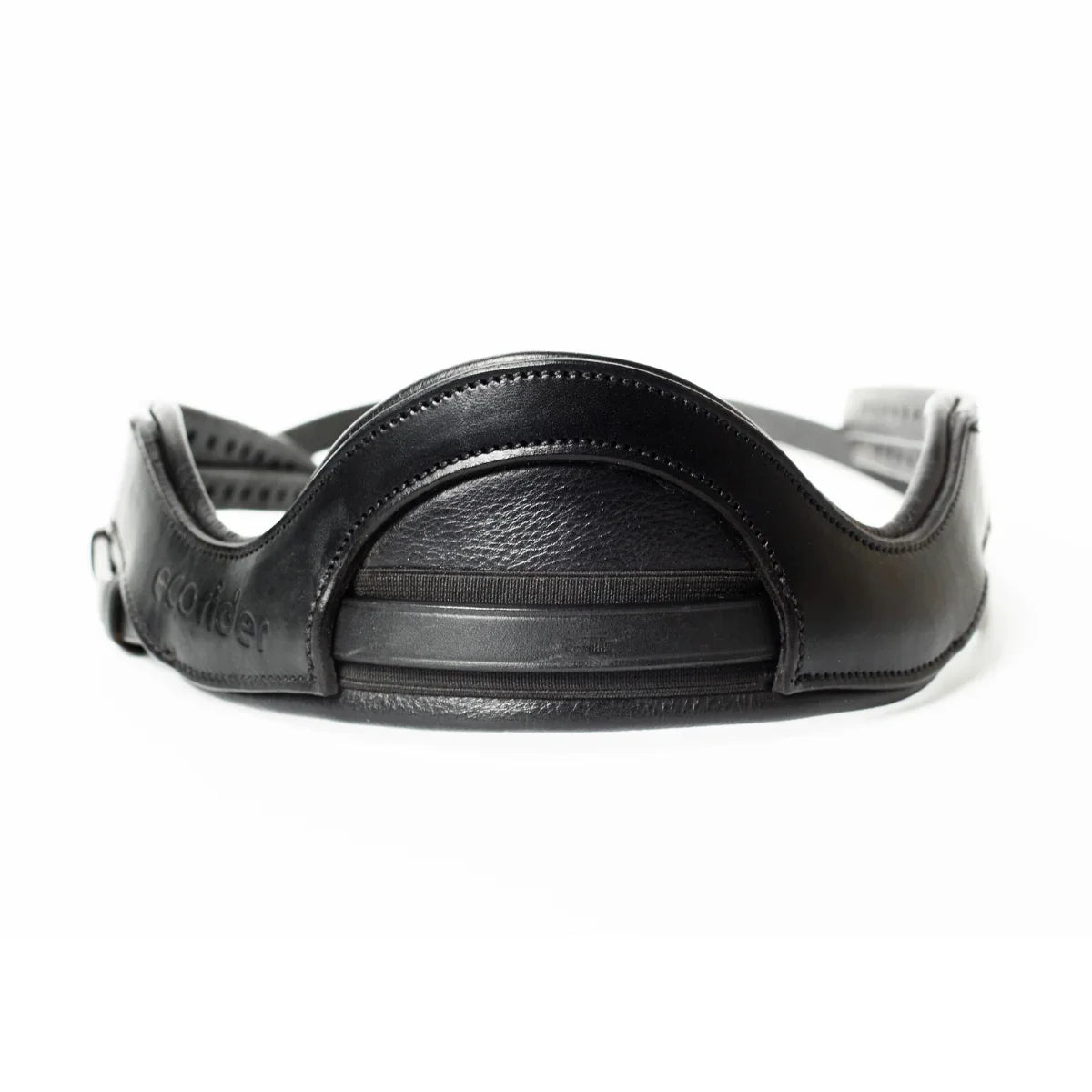 Black EcoRider Perfect Fit Freedom Headpiece showing the front-facing anatomical poll pad and dynamic elasticated insert.