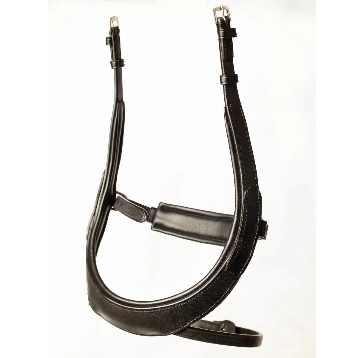 EcoRider Perfect Fit Comfort anatomical black leather flash noseband, contoured to avoid sensitive facial nerves, featuring a padded crank chin guard, integrated flash strap, and stainless steel buckles, isolated on a white background.