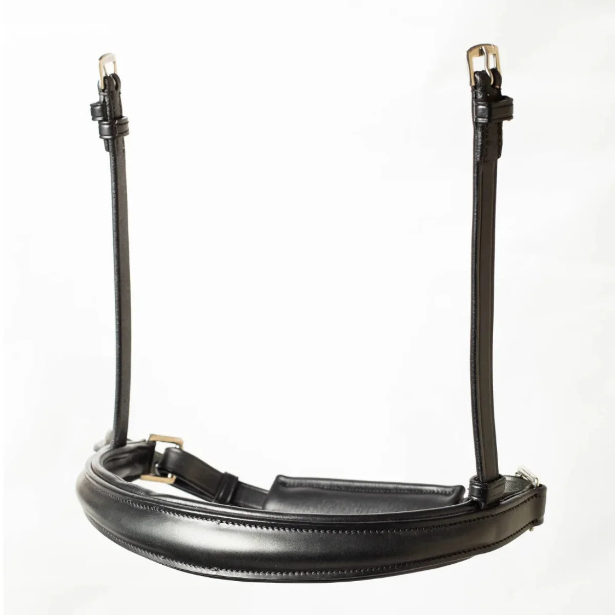 EcoRider Perfect Fit anatomical black leather crank cavesson noseband with thick comfort padding, a padded crank chin guard, and stainless steel buckles, isolated on a white background.