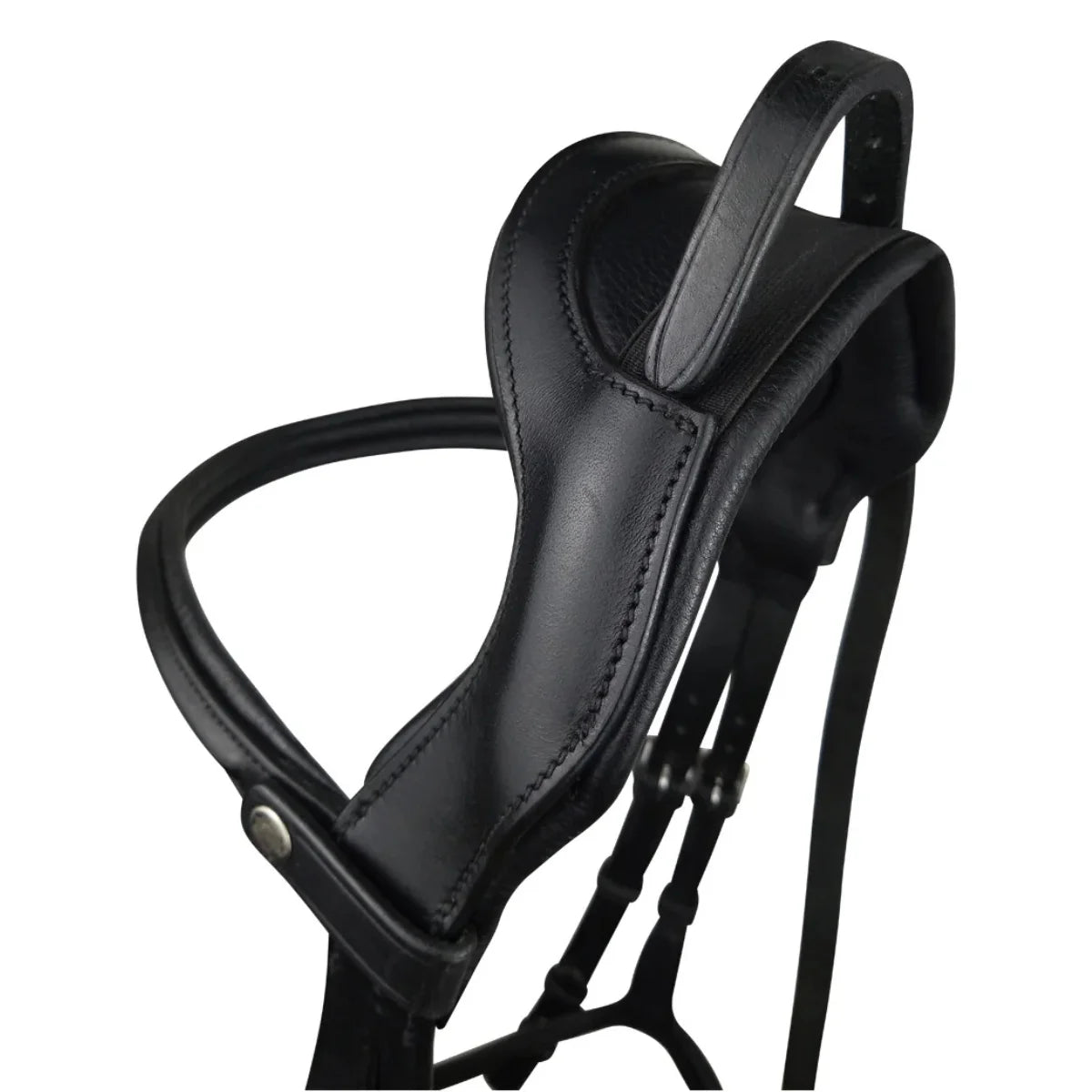 Black EcoRider Perfect Fit Freedom Headpiece showing the anatomical ear cutaway, soft padding, and dynamic elastic poll insert.
