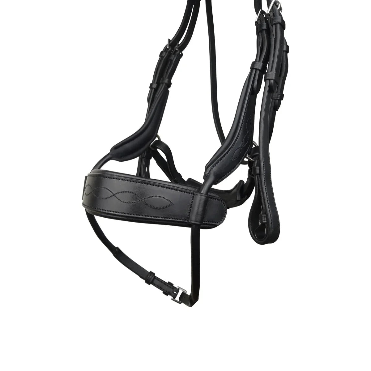 Detailed view of the black EcoRider anatomic flash noseband featuring matching-thread decorative stitching and adjustable cheek straps.
