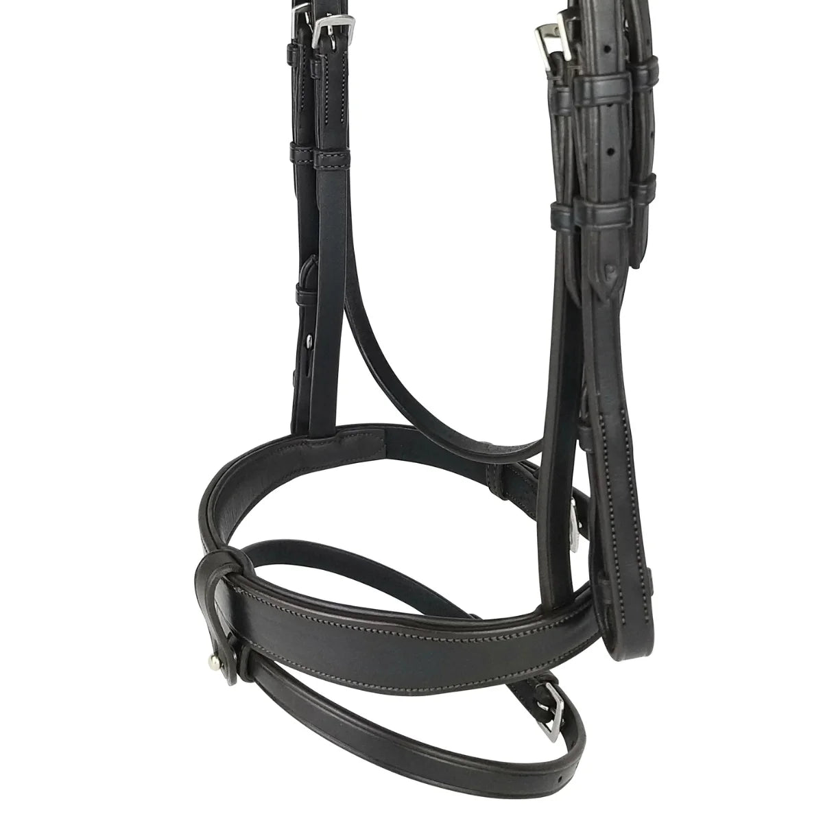 Detailed view of the black EcoRider anatomic flash noseband and adjustable cheek straps with silver buckles.