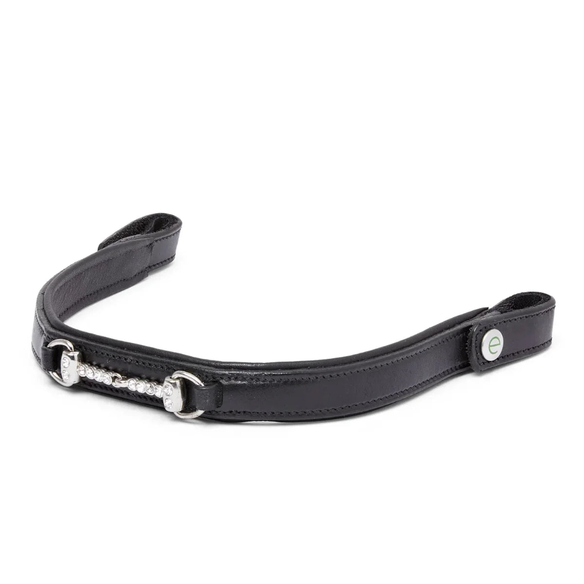 EcoRider black leather curved browband with a crystal-embellished silver snaffle bit design, isolated on a white background.