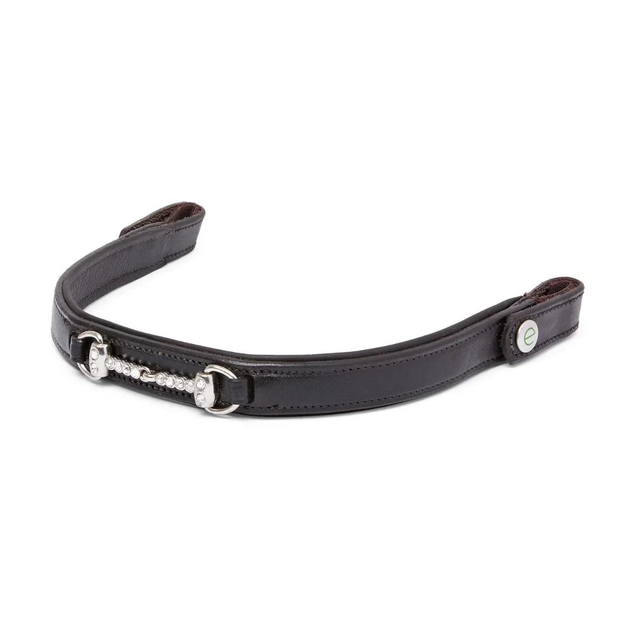 EcoRider brown leather curved browband with a crystal-embellished silver snaffle bit design, isolated on a white background.
