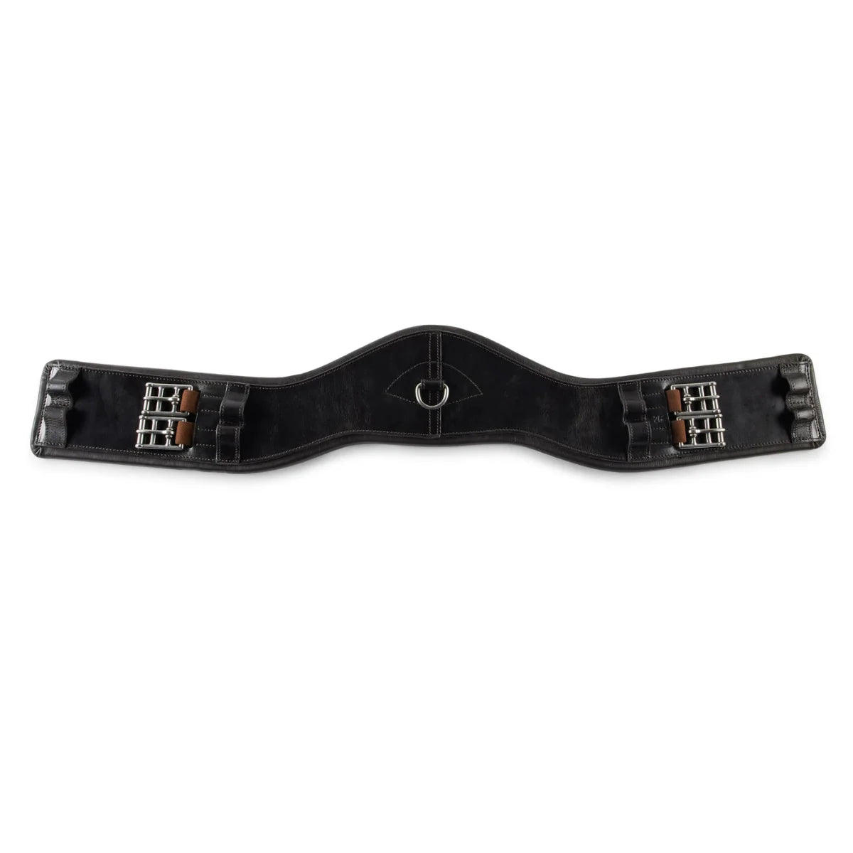 Black EcoRider SeamFree Anatomic Dressage Leather Girth featuring a wide contoured sternum plate, central D-ring, and roller buckles.