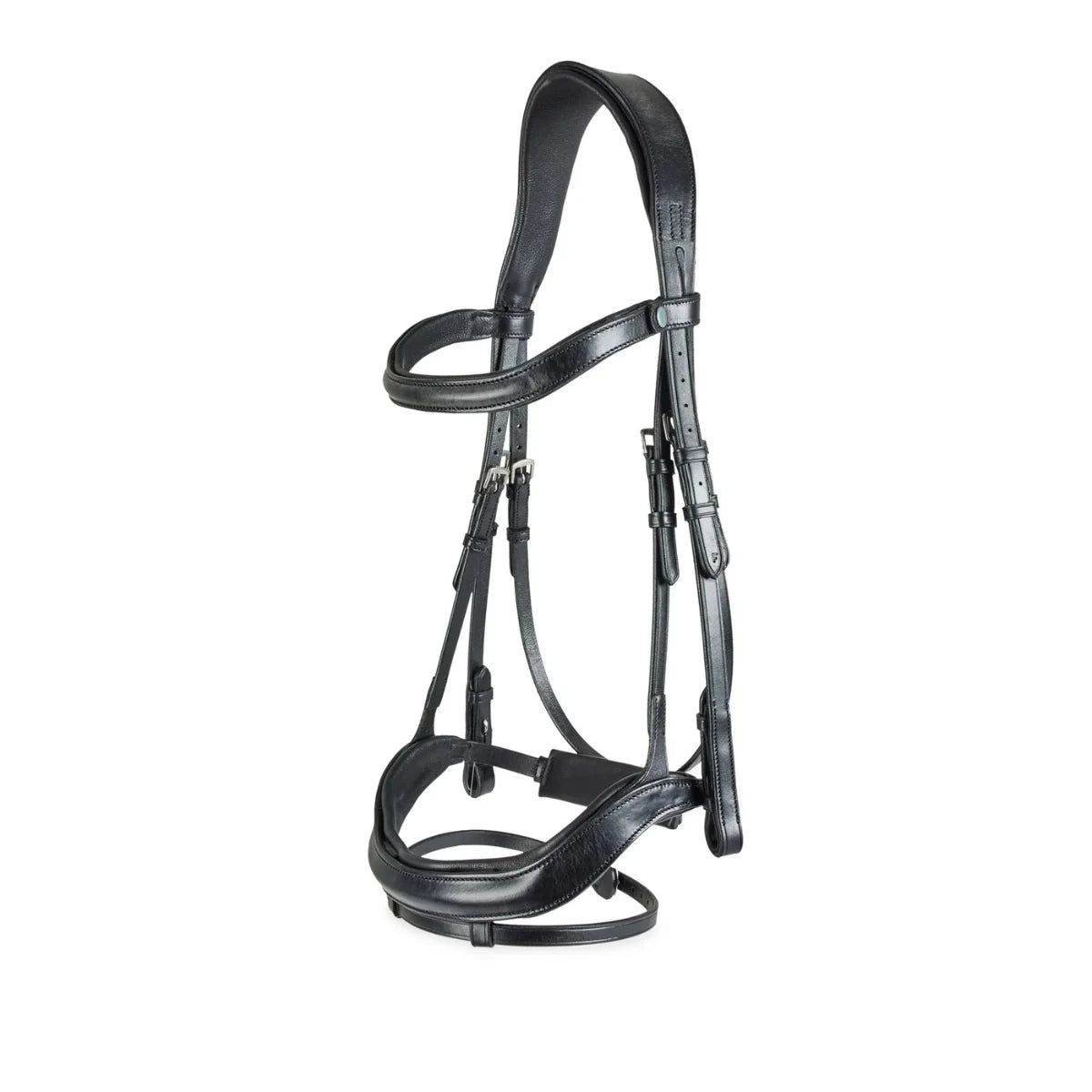 Black EcoRider anatomic leather bridle featuring an ergonomic padded headpiece, curved browband, and padded noseband with flash attachment.
