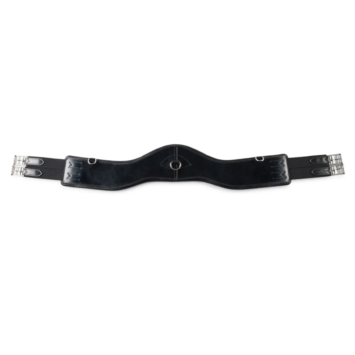 EcoRider black Ultra Comfort anatomic leather girth with central D-ring, contoured elbow clearance, and stainless steel roller buckles.