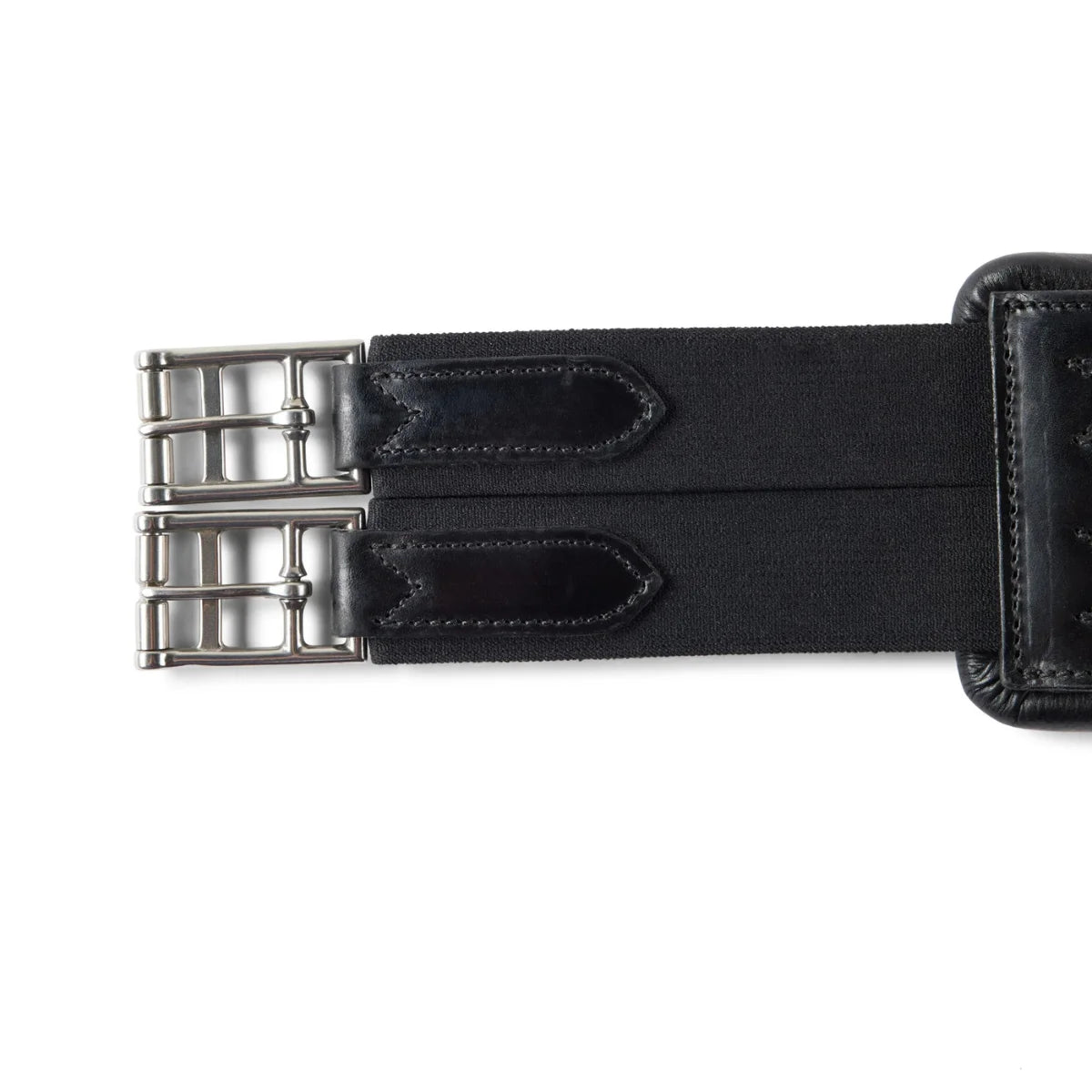 Close-up of the dual stainless steel roller buckles on black elasticated ends of the EcoRider Ultra Comfort anatomic leather girth.