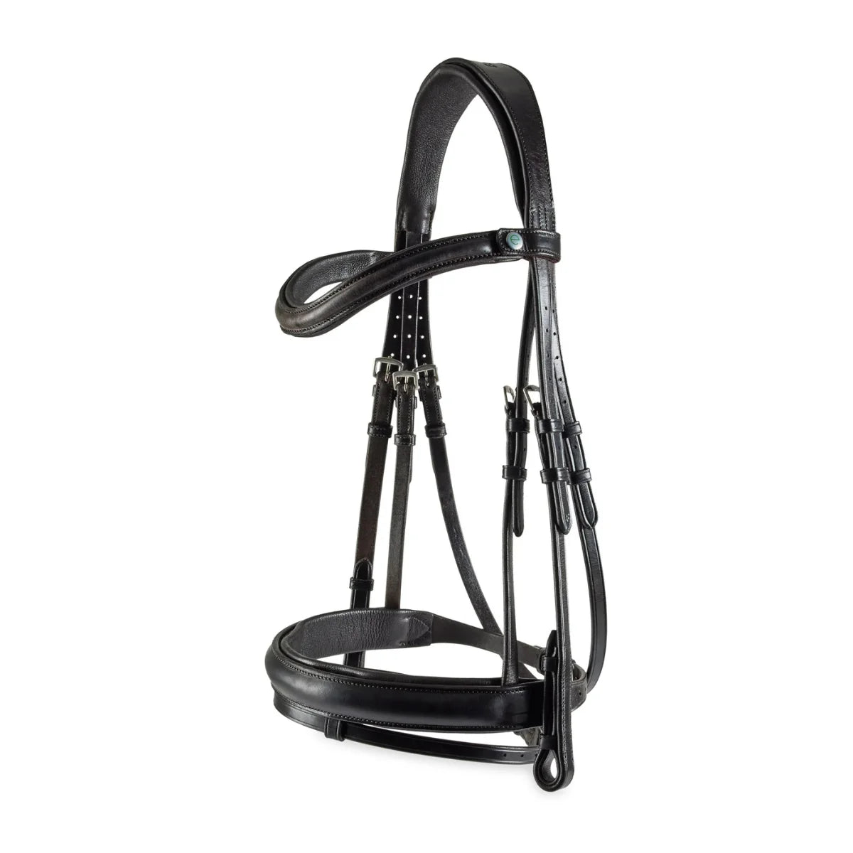Black EcoRider SeamFree Anatomic Leather Bridle featuring a padded headpiece, curved browband, and padded noseband with removable flash.