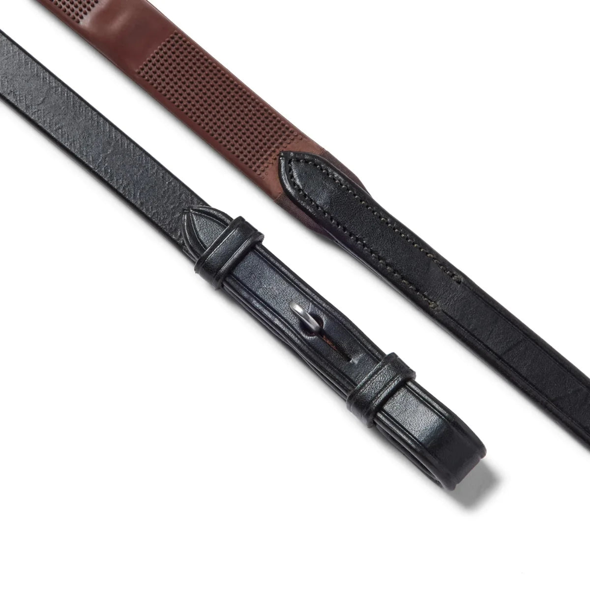 EcoRider Flexi Rein featuring a brown rubber pimple grip and black leather hook stud ends.