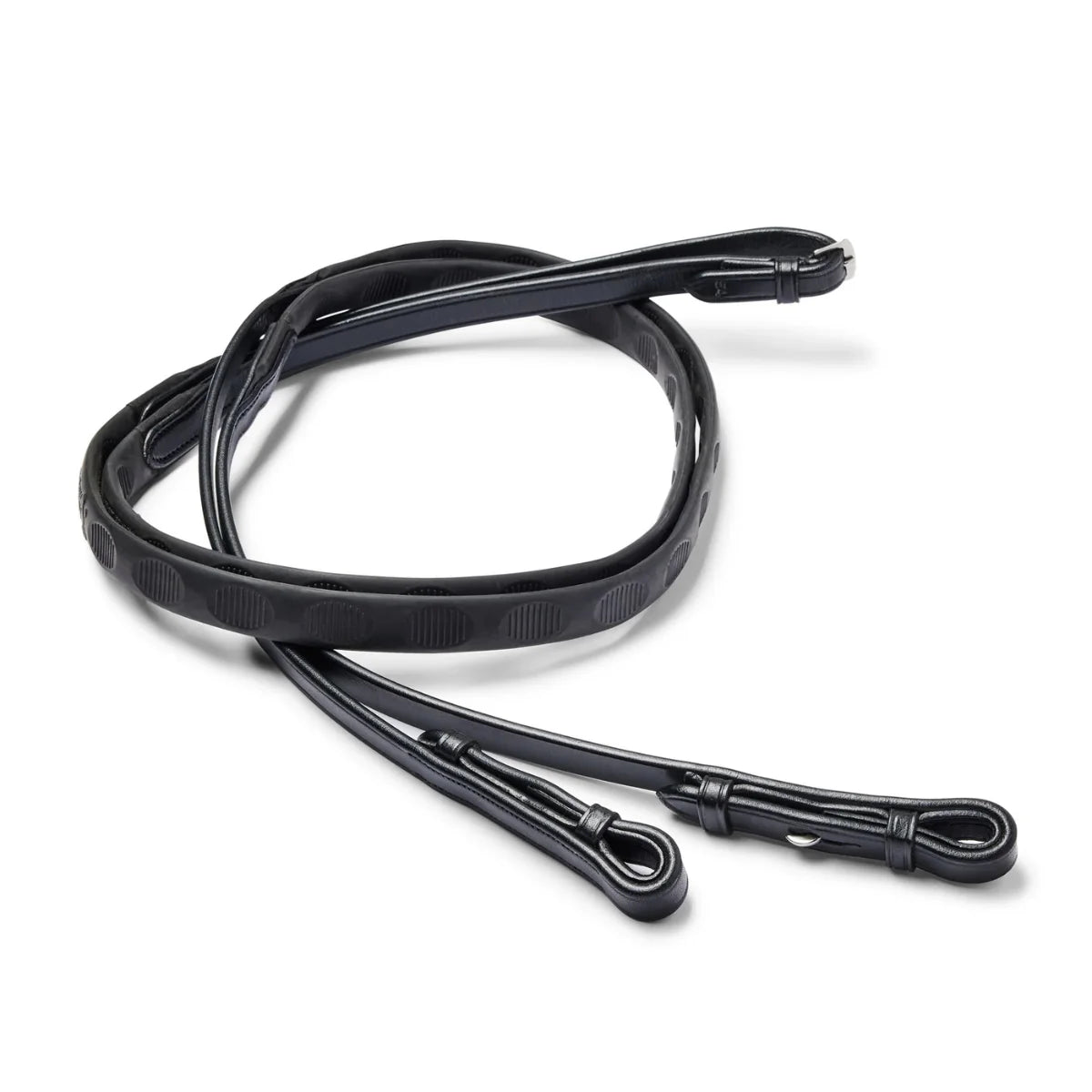 Black EcoRider Magna Reins coiled, featuring a unique textured thumb-shape rubber grip and hook stud leather billets.
