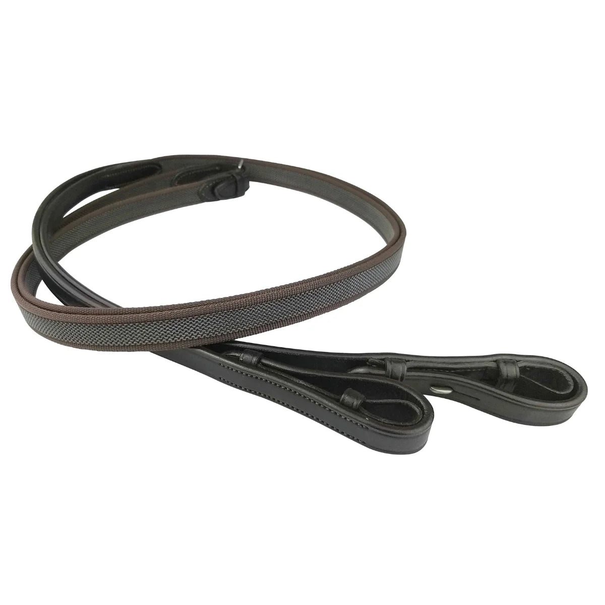 Coiled EcoRider Supergrip Reins featuring a part-webbing, part-woven rubber grip and black leather hook stud ends.