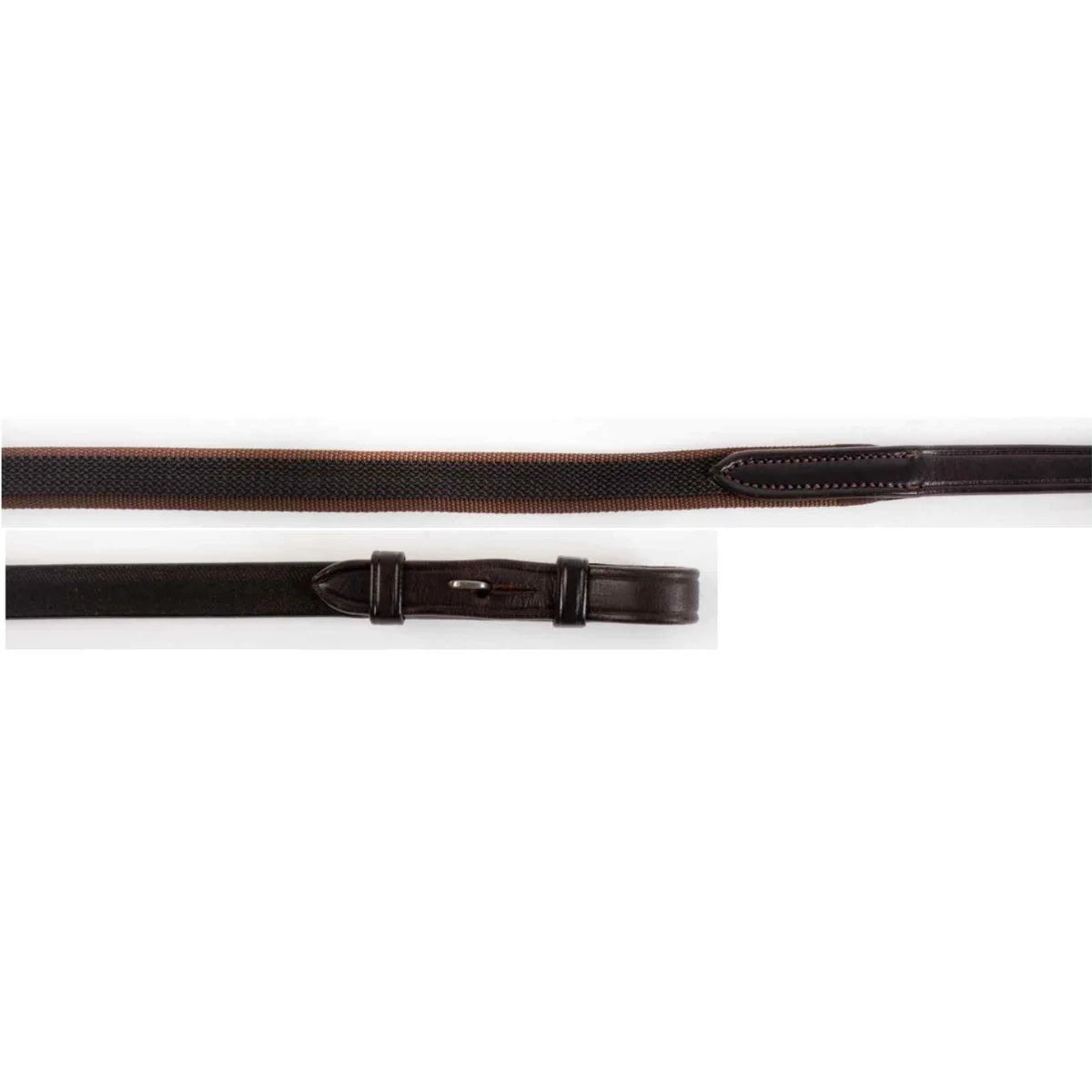 EcoRider Supergrip Reins featuring a brown woven rubber and webbing grip with brown leather hook stud ends.
