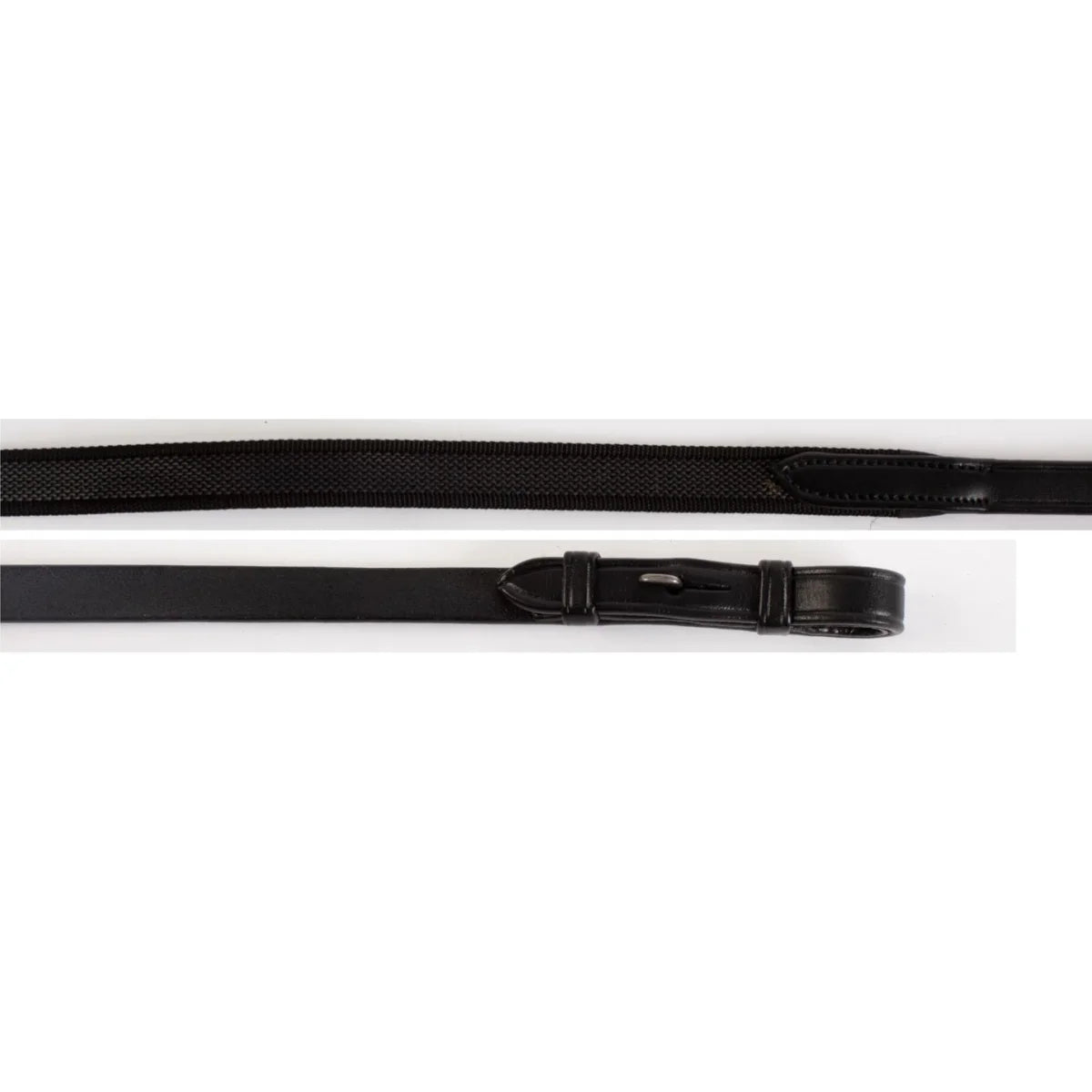 EcoRider Supergrip Reins featuring a black woven rubber and webbing grip with black leather hook stud ends.