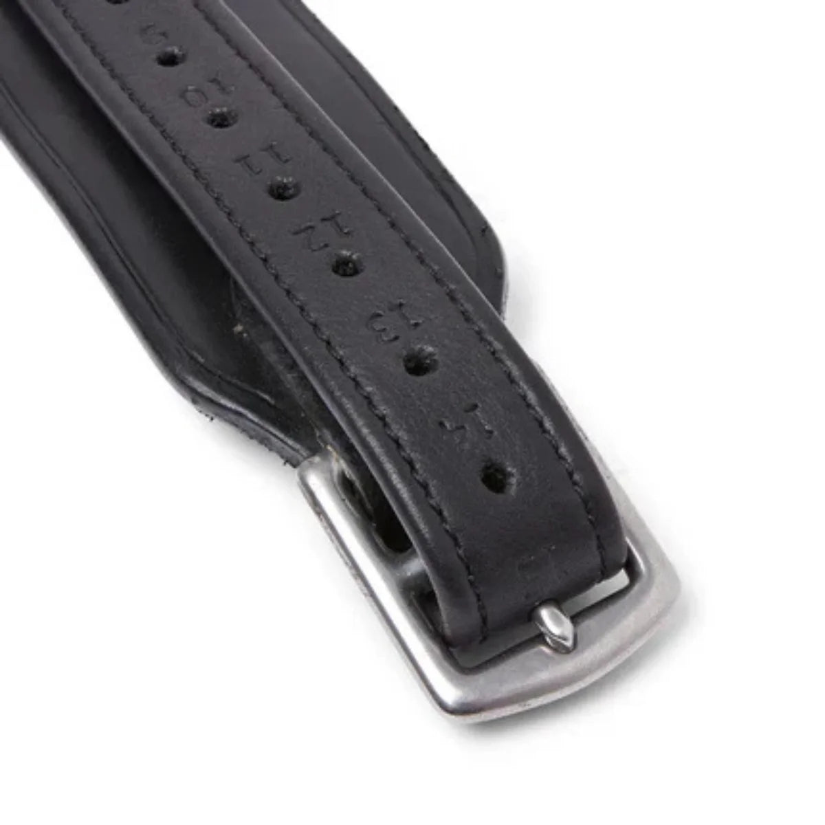 Close-up of the stainless steel buckle and numbered holes on the Black EcoRider Balance Stirrup Leathers.