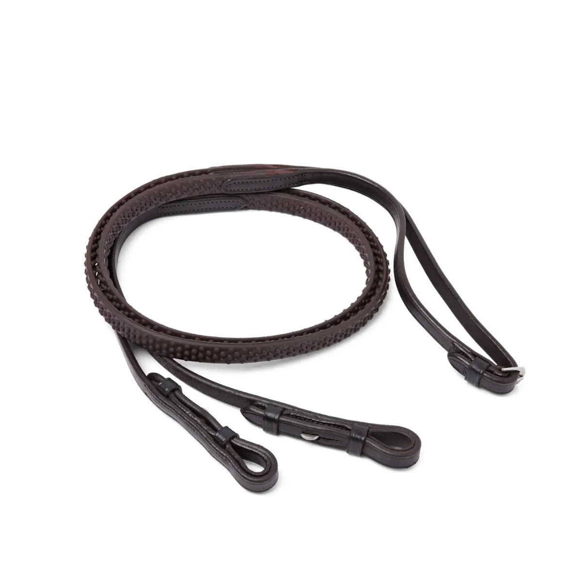 Coiled Brown EcoRider SeamFree Pro Solid Reins featuring a brown chevron rubber pimple grip and supple leather hook stud ends.