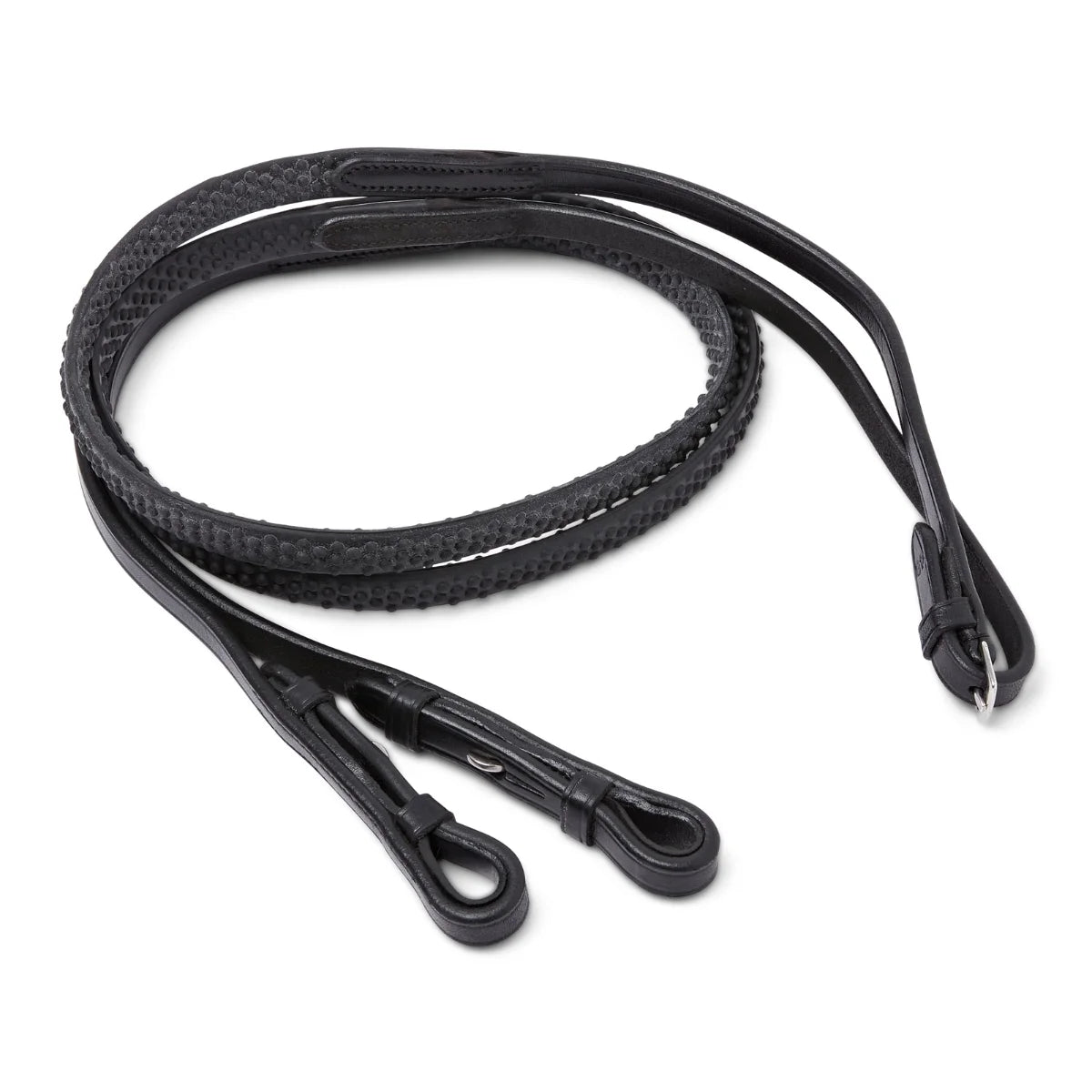 Black EcoRider Pro Solid Reins coiled, featuring a high-traction chevron rubber pimple grip and hook stud leather billets.