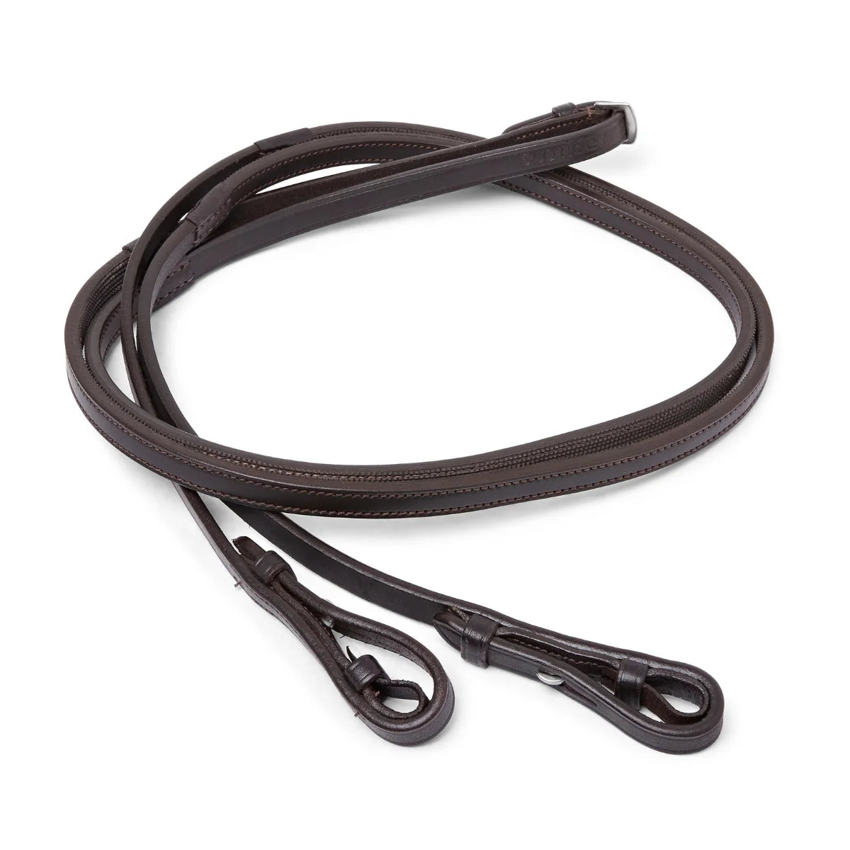 Coiled Brown EcoRider Ultra Comfort Flexi Reins featuring a low-profile pimple rubber grip and supple leather hook stud ends.