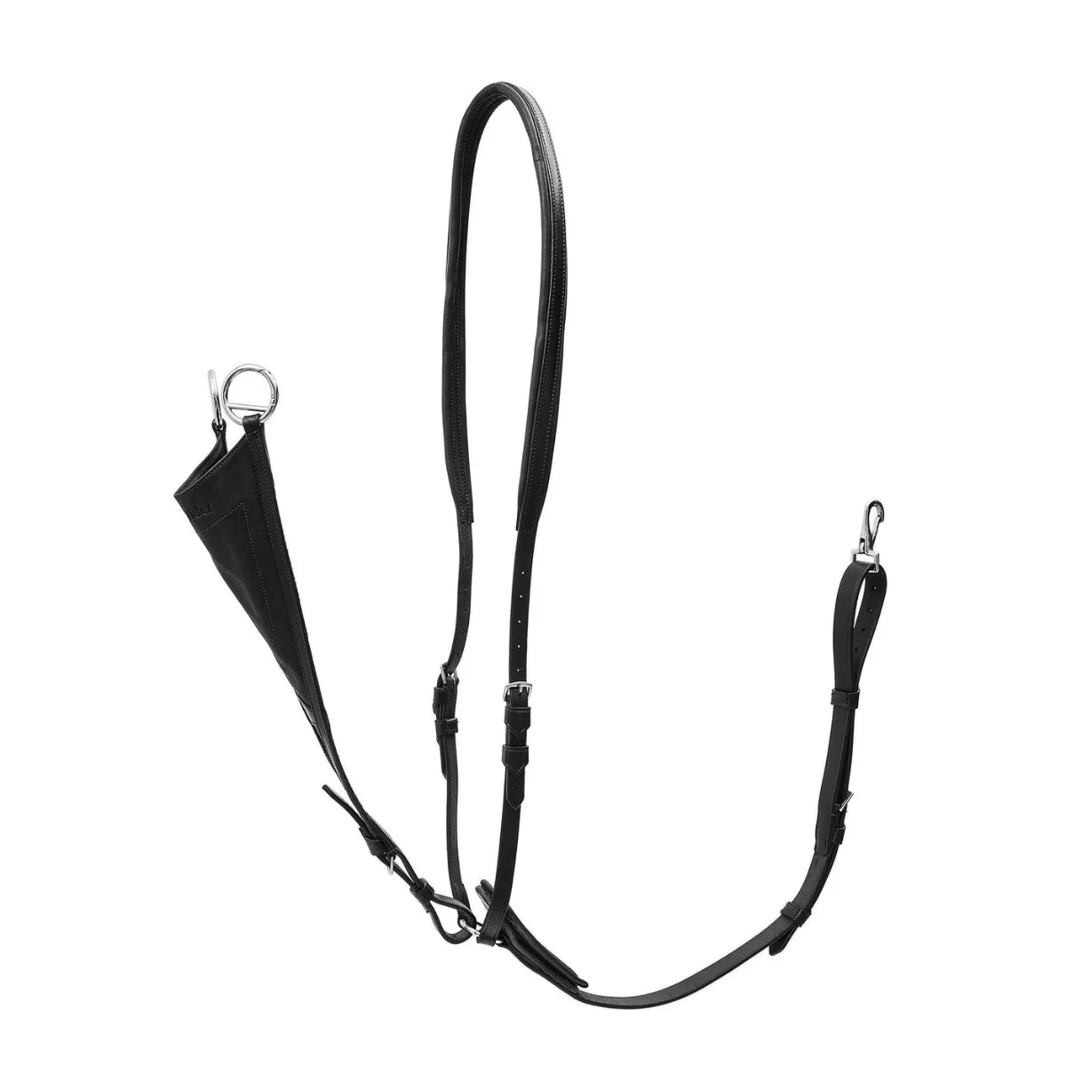 Black EcoRider Ultra Comfort Multi-Purpose Martingale in bib configuration, featuring a padded neck strap and a solid leather bib attachment.