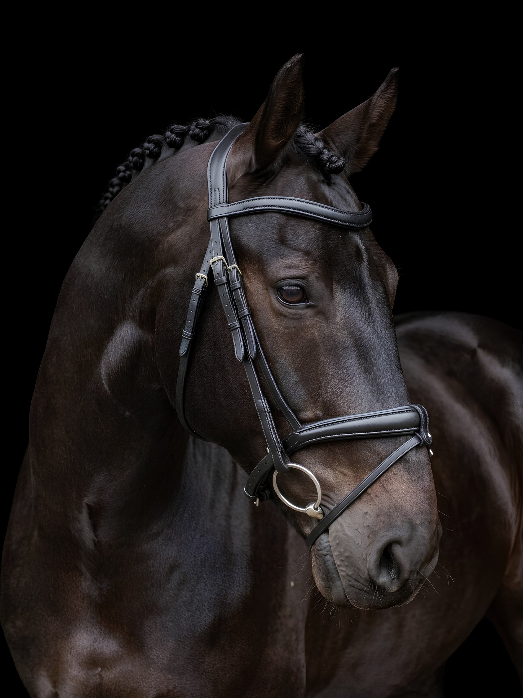 EcoRider SuperLux Bridle (ECO604) product photo in premium vegetable-tanned leather, showing the pressure-relieving ergonomic headpiece, raised padded noseband with removable flash, and a super soft padded browband.