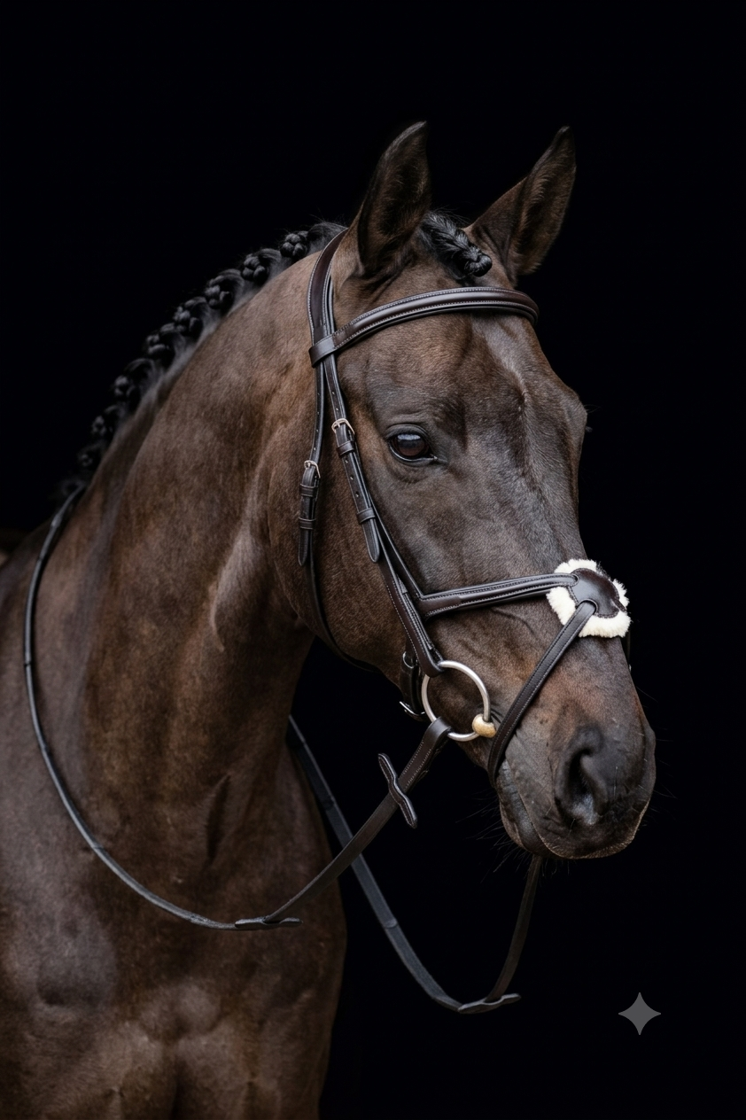 EcoRider SuperLux Grackle Bridle (ECO605) in premium vegetable-tanned leather, featuring a sheepskin-padded figure-eight nasal disc, a pressure-relieving anatomical headpiece, a soft raised browband, and 1/2" cheekpieces.