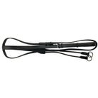 Black EcoRider leather running martingale flat-lay, showcasing the adjustable neck strap, debossed logo, and stainless steel rings.