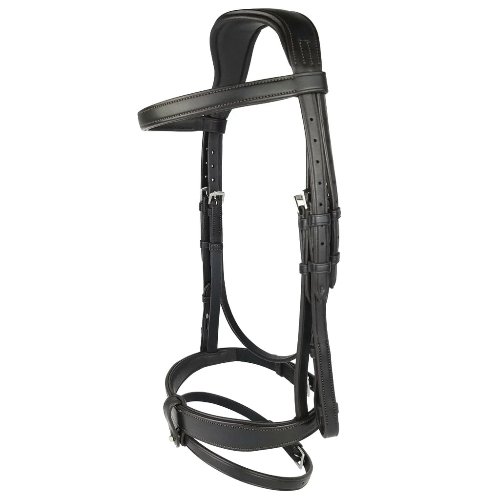 Black EcoRider anatomic leather bridle featuring an ergonomic padded headpiece, curved browband, and padded noseband with flash attachment.