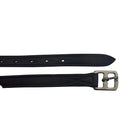 Close-up of the stainless steel buckle and numbered adjusting strap on the Black EcoRider EcoSoft Stirrup Leathers.