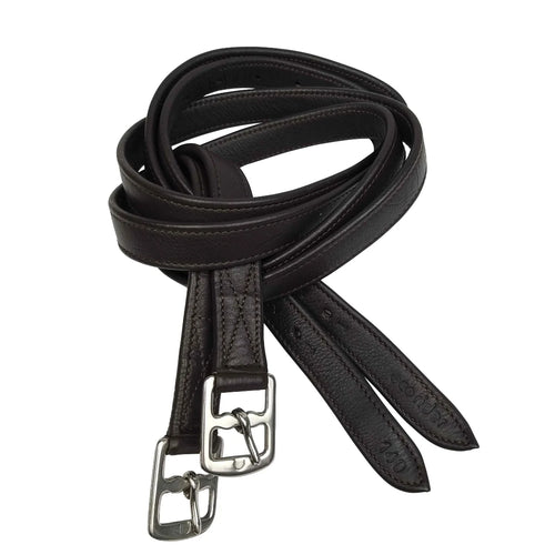Coiled Brown EcoRider EcoSoft Anti-Stretch Stirrup Leathers, size 140cm, featuring a non-stretch core and silver buckles.