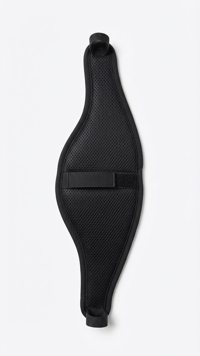 Black EcoRider Eventair Poll Guard with breathable air mesh and padded lining, fitted on a matching brown leather headpiece.