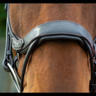 Close-up of the white decorative fancy stitching on a black EcoRider anatomic leather noseband, showing the padded comfort lining.