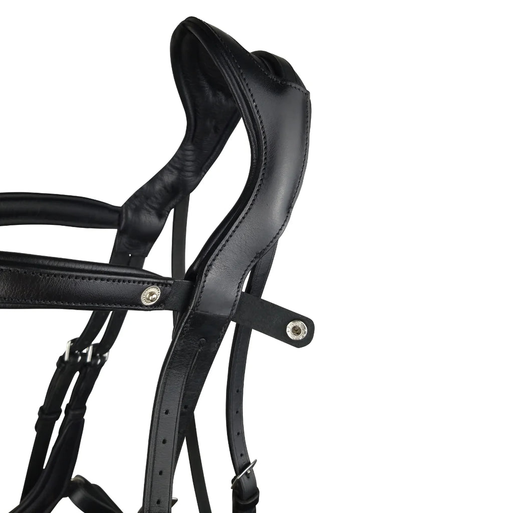 Black EcoRider Perfect Fit Freedom Headpiece showing the open e-clasp quick-release snap popper on the browband loop.