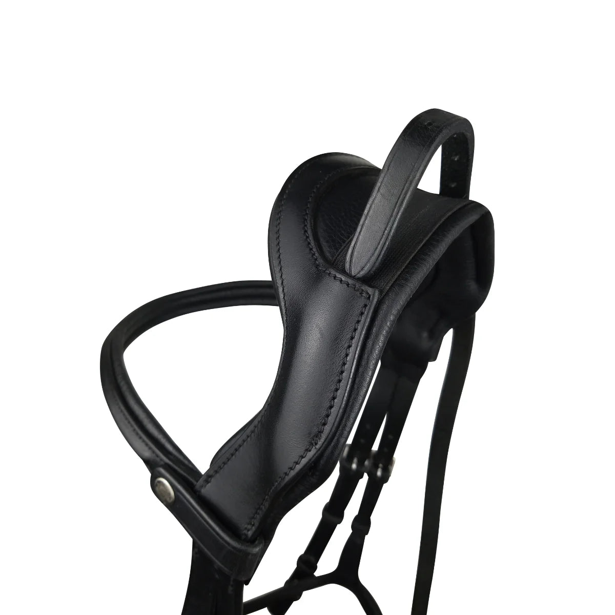 Black EcoRider Perfect Fit Freedom Headpiece showing the anatomical ear cutaway, soft padding, and dynamic elastic poll insert.