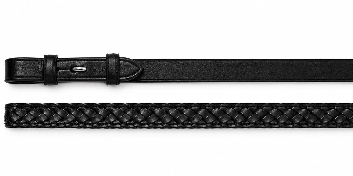 EcoRider Inside Grip Plaited Reins featuring a traditional 3-plait hand-braided design, hidden inside rubber grip, and secure hook stud billets.