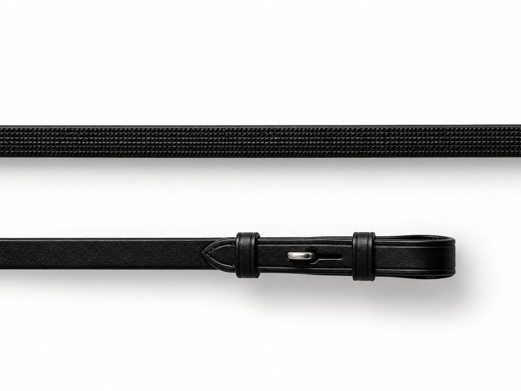 Coiled Black EcoRider Ultra Comfort Flexi Reins featuring a low-profile pimple rubber grip and supple leather hook stud ends.