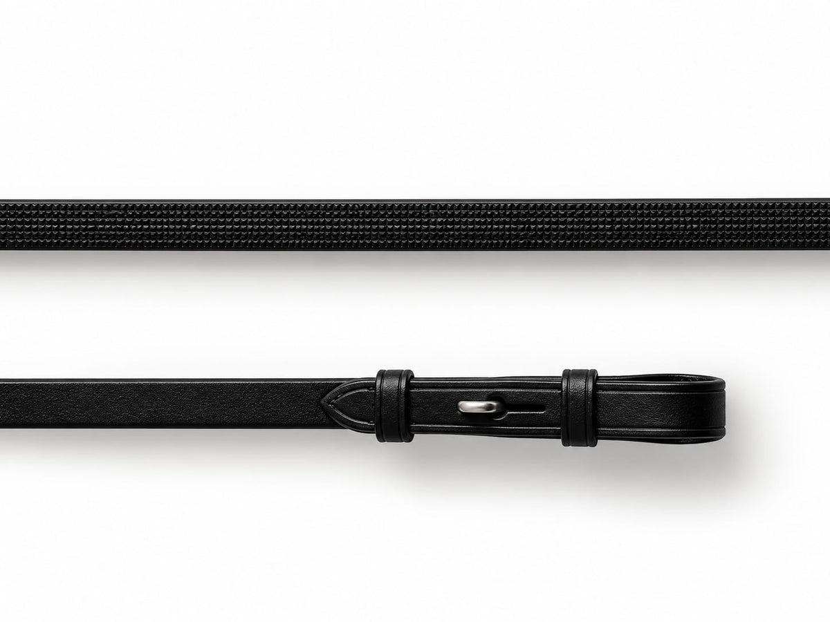 Coiled Black EcoRider Ultra Comfort Flexi Reins featuring a low-profile pimple rubber grip and supple leather hook stud ends.