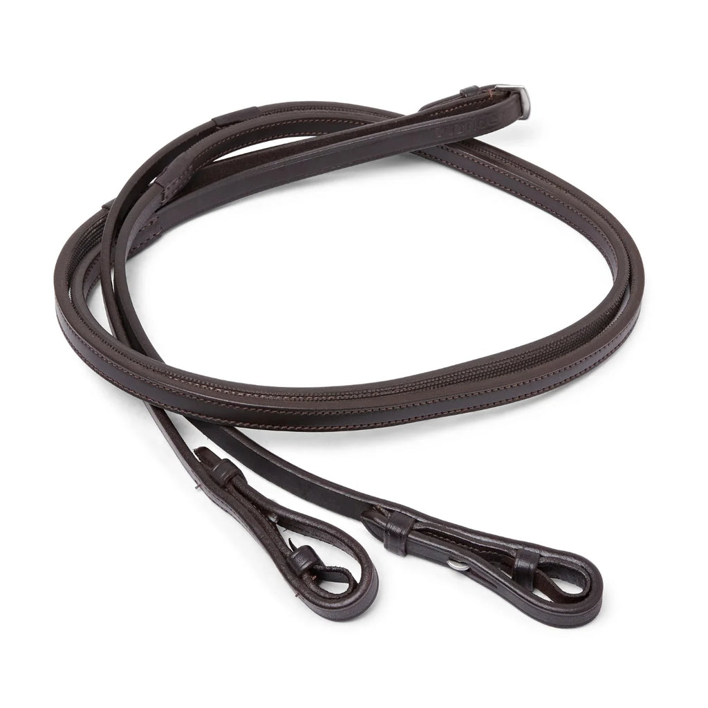 Coiled Brown EcoRider Ultra Comfort Flexi Reins featuring a low-profile pimple rubber grip and supple leather hook stud ends.