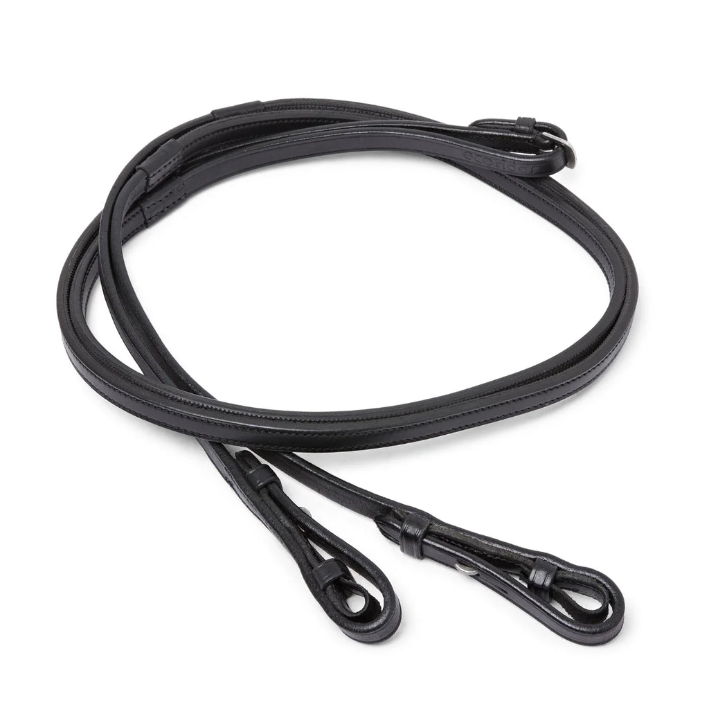 Coiled Black EcoRider Ultra Comfort Flexi Reins featuring a low-profile pimple rubber grip and supple leather hook stud ends.