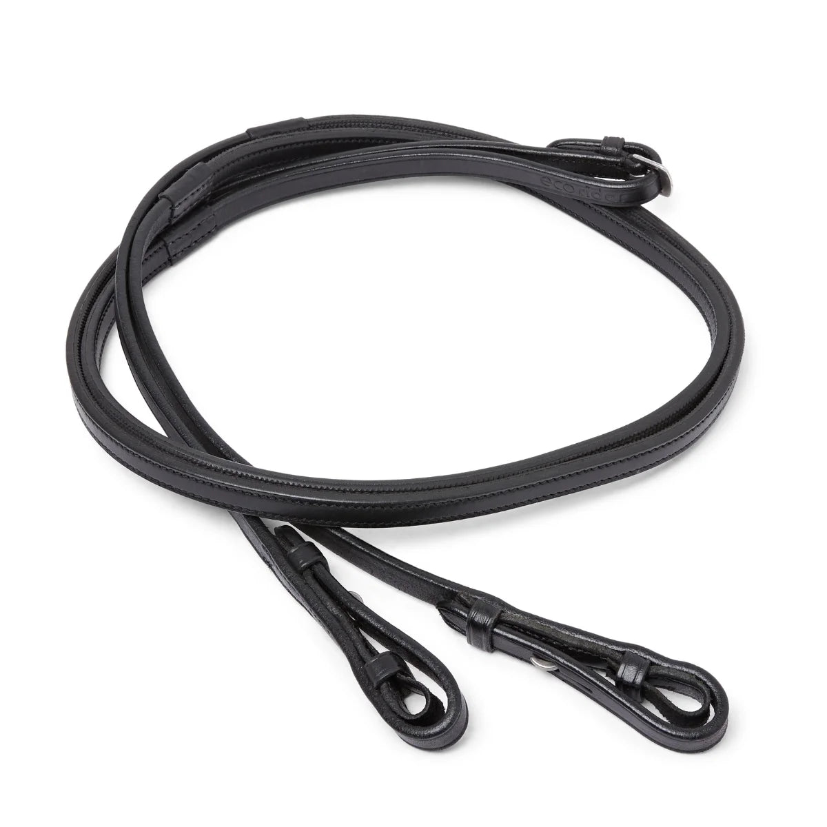 Coiled Black EcoRider Ultra Comfort Flexi Reins featuring a low-profile pimple rubber grip and supple leather hook stud ends.