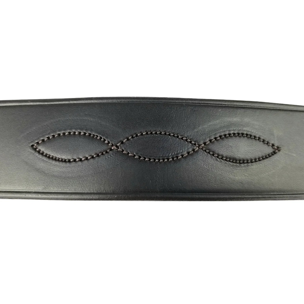 Detailed view of the matching-thread decorative fancy stitching on a black EcoRider leather noseband.