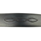Detailed view of the matching-thread decorative fancy stitching on a black EcoRider leather noseband.