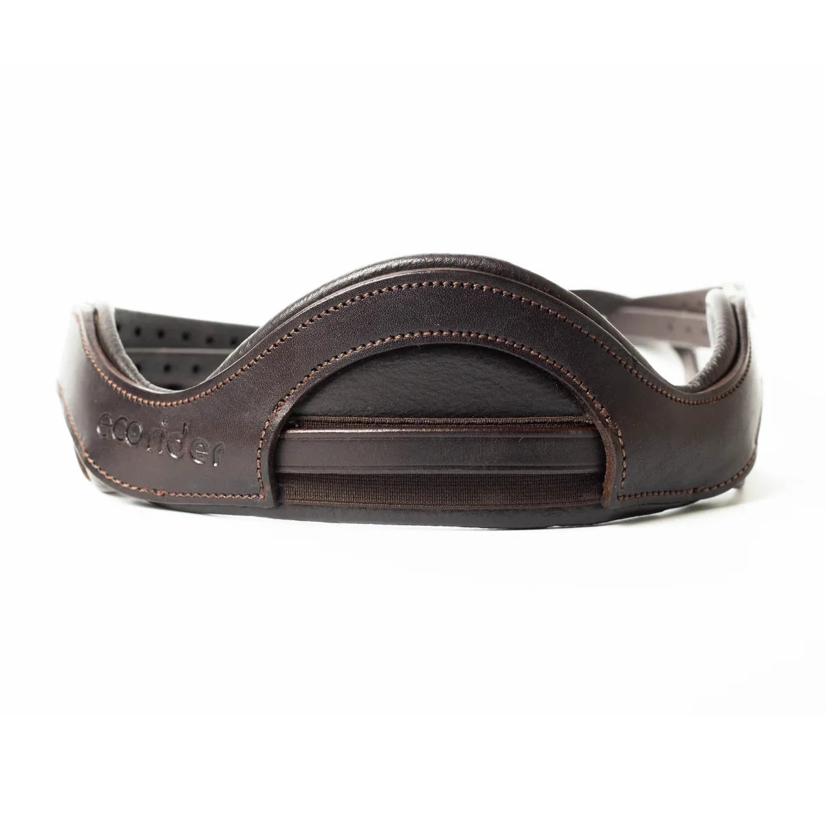 Brown EcoRider Perfect Fit Freedom Headpiece showing the front-facing anatomical poll pad and dynamic elasticated insert.