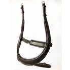 EcoRider Perfect Fit Comfort anatomical black leather flash noseband, contoured to avoid sensitive facial nerves, featuring a padded crank chin guard, integrated flash strap, and stainless steel buckles, isolated on a white background.