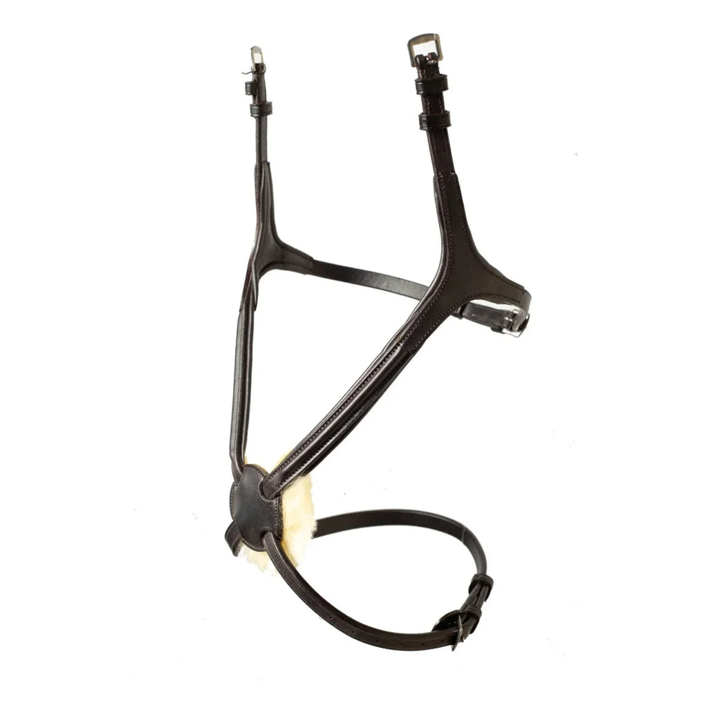 EcoRider Perfect Fit Comfort Grackle Noseband in dark brown vegetable-tanned eco-leather, featuring an anatomical figure-eight design with a soft natural sheepskin-padded nasal disc and stainless steel buckles, isolated on a white background.