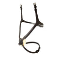 EcoRider Perfect Fit Comfort Grackle Noseband in dark brown vegetable-tanned eco-leather, featuring an anatomical figure-eight design with a soft natural sheepskin-padded nasal disc and stainless steel buckles, isolated on a white background.