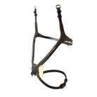 EcoRider Perfect Fit Comfort Grackle Noseband in dark brown vegetable-tanned eco-leather, featuring an anatomical figure-eight design with a soft natural sheepskin-padded nasal disc and stainless steel buckles, isolated on a white background.