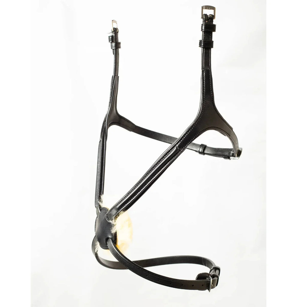 EcoRider Perfect Fit Comfort Grackle Noseband in premium black eco-leather, featuring an anatomical figure-eight design with a soft natural sheepskin-padded nasal disc and stainless steel buckles, isolated on a white background.