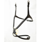 EcoRider Perfect Fit Comfort Grackle Noseband in premium black eco-leather, featuring an anatomical figure-eight design with a soft natural sheepskin-padded nasal disc and stainless steel buckles, isolated on a white background.