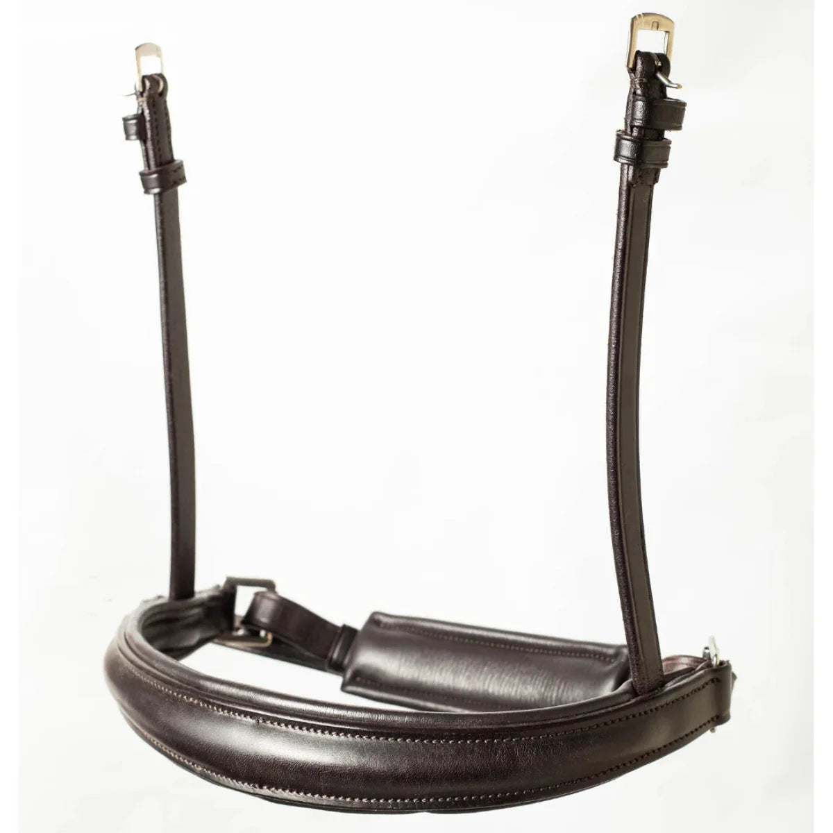 EcoRider Perfect Fit anatomical brown leather crank cavesson noseband with thick comfort padding, a padded crank chin guard, and stainless steel buckles, isolated on a white background.