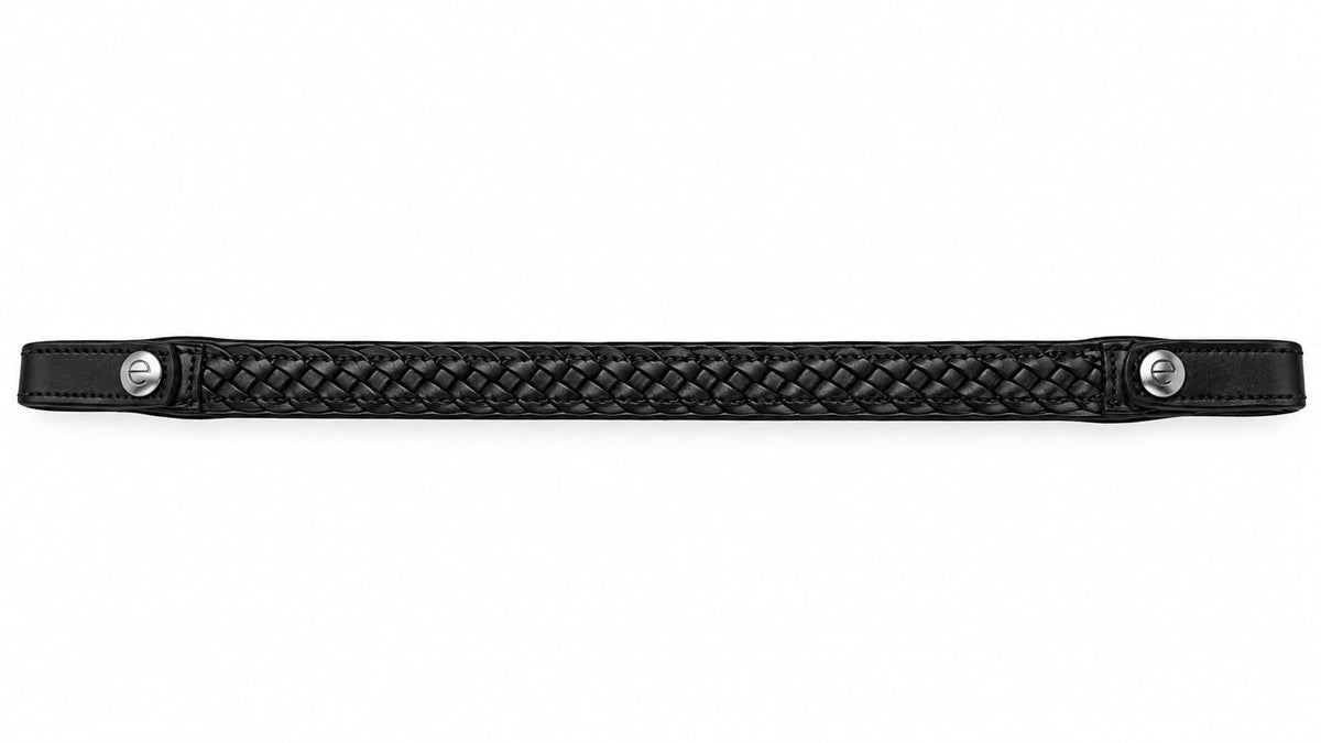 EcoRider Comfort Plaited Browband in Black premium padded leather with a traditional three-band plaited design in a lay flat birdseye view